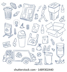 Vector garbage doodle elements set. Contour waste recycling and trash objects. Trash can types, litter, plastic and glass bottles, garbage truck, janitor, broken technique and gadgets illustration.