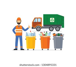 Vector Garbage Man In Unifrom, Waistcoat Showing Thumbs Up Near Separate Trash Beens And Dump Truck. Janitor Male Character Removing Rubbish, Wastes To Make It Recycled. Flat Professional Character