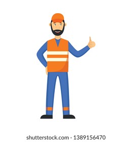 Image vectorielle poubelle en uniforme, gilet de glace montrant les pouces vers le haut. Le gardien mâle enlève les ordures, les déchets pour les recycler. Icône personnage professionnel à plat.