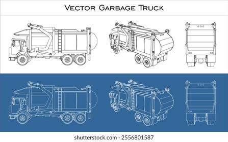 Vector garbage truck set. illustration line drawing blueprint technical drawings isolated on transparent background