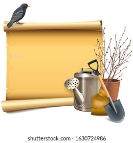 Vector Garden Accessories with Paper Scroll isolated on white background