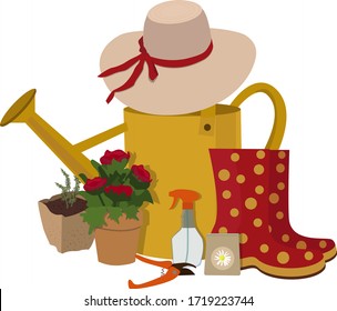 Vektorgartenbanner mit Werkzeugen, Blumen, Gummistiefel, Wasserdose und Hut.  Konzept der Gartenarbeit und Landschaftsgestaltung, Illustration auf Weiß .