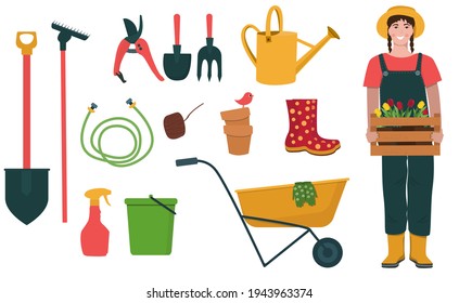 Banner vectorial garden con herramientas, botas de goma, lata de riego y carrito. Niña jardinero con plántulas.  Implementaciones agrícolas.  Ilustraciones planas del vector de dibujos animados.