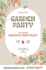 Vector garden birthday party invitation template with floral border. Groovy retro text and pastel natural colors. Spring party card with ladybug and dragonflies