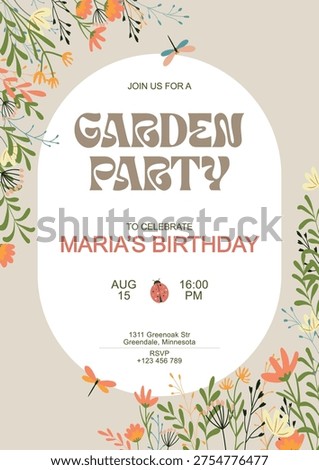 Vector garden birthday party invitation template with floral border. Groovy retro text and pastel natural colors. Spring party card with ladybug and dragonflies