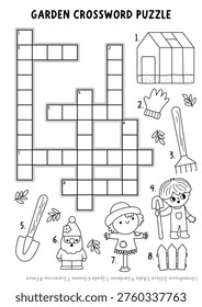 Vector garden black and white crossword puzzle for kids.  Quiz with greenhouse, boy gardener, scarecrow, gnome, rake, spade. Line spring educational cross word activity, coloring page
