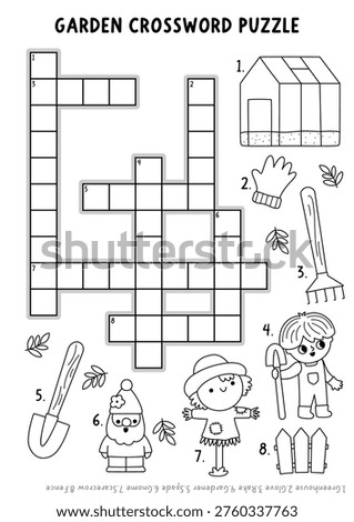 Vector garden black and white crossword puzzle for kids.  Quiz with greenhouse, boy gardener, scarecrow, gnome, rake, spade. Line spring educational cross word activity, coloring page
