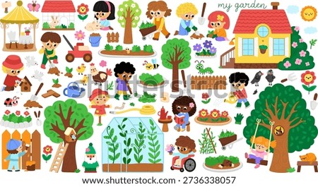 Vector garden clipart set. Cute farm icons collection with kids doing gardening work, growing plants, trees, equipment. Nature illustrations with children. Spring or summer country house pack 
