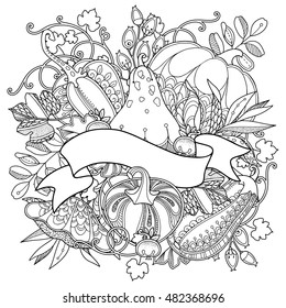 Vector garden composotion in doodle style. Floral, ornate, decorative, tribal vector design elements. Black and white monochrome background. Pumpkins, berries and leaves. Zentangle coloring book page