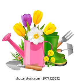 Vector Garden Concept with Pink Watering Can isolated on white background