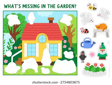 Vector garden cut and glue activity. Crafting game with cute spring landscape, summer cottage, trees, flower beds. Country house printable worksheet. Find right piece of the puzzle. Complete picture