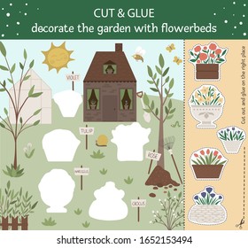 Vector garden cut and glue for children. Spring educational activity with plants and flowers. Decorate the garden with flowerbeds