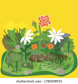 Vector of a garden with different flowers, shrubs, grass and rocks on a yellow background.