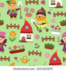 Vector garden dwarf seamless pattern. Cute gnome repeat background. Fairytale character digital paper. Magic creature texture with house, fence, flower bed, watering can 
