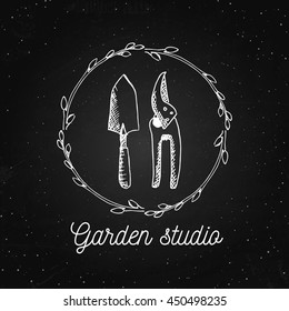 Vector garden emblem and logo design template. Garden studio - vintage illustration with hand drawn elements on the chalkboard.