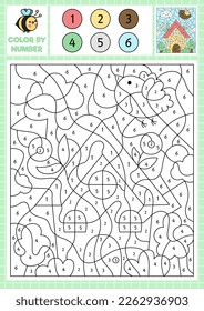 Vector garden or farm color by number activity with cute kawaii country house. Spring holiday scene. Black and white counting game with funny cottage, bird. Easter coloring page for kids
