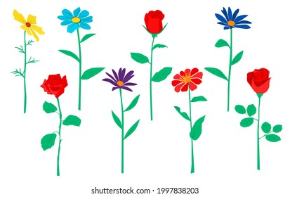 Vector garden and field spring flowers with leaves, flowering plants, twigs, silhouettes, floral flat design, hand drawing, multicolored blooming flowers, isolated on white background