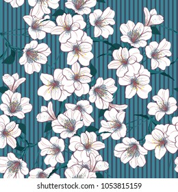 Vector garden floral seamless pattern. White flowers pattern blooming on striped monotone blue background.