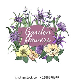 Vector garden flowers. Isolated purple oat root (tragopogon) and light yellow camellias with pale green leaves and buds.