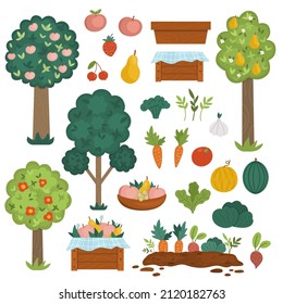 Vector garden fruit trees and harvest collection. Vegetables and fruit icons set. Wooden boxes with harvest. Farm country pack with plants, berries, veggies. Apples, carrot, tomato illustration
