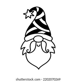 Vector Garden Gnome Character silhouette. Christmas Cheerful Santa Claus head element with hat. For Holidays gift card decoration. Line art Drawing, isolated on white. Linear style element
