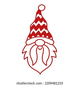 Vector Garden Gnome Character silhouette. Christmas Cheerful Santa Claus head element with hat. For Holidays gift card decoration. Line art Drawing, isolated on white. Linear style element