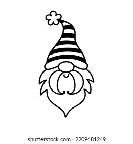 Vector Garden Gnome Character silhouette. Christmas Cheerful Santa Claus head element with hat. For Holidays gift card decoration. Line art Drawing, isolated on white. Linear style element