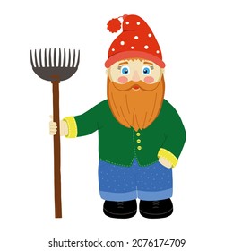 vector garden gnome with a rake, garden figurine