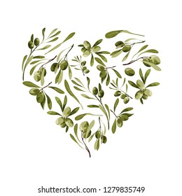 Vector garden heart shape background with olive tree for st valentines day with love symbol