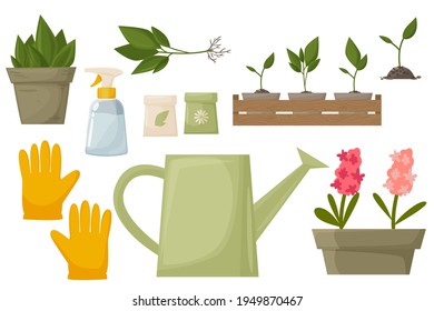 Vector garden items set. Watering can, pots with seedlings and flowers, gloves, seeds, sprayer gardener collection of home or agriculture set of illustrations isolated on white background