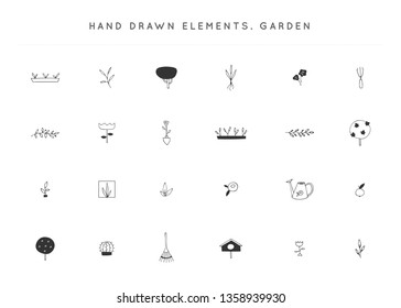 Vector garden logo elements set. Hand drawn isolated illustrations. Garden and landscaping theme. For business branding and identity, for blogs and websites, for lawn and plant care companies.