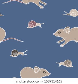 Vector Garden Mice with Snails on Blue seamless pattern background.
