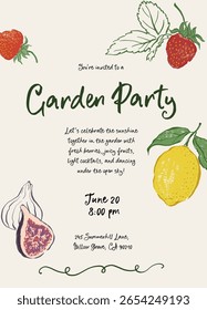Vector Garden party invitation. Hand-drawn vintage card with fig, lemon and strawberry. Tasty food for design, print, fabric or background.