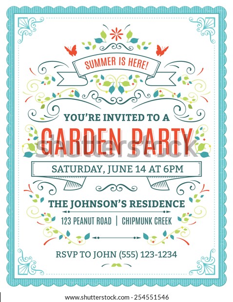 Vector garden party invitation with ornaments\
and ribbons.