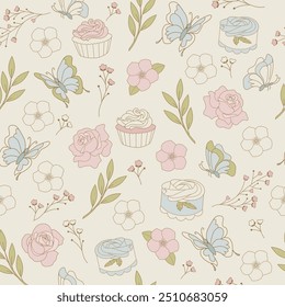 Vector Garden party seamless pattern features butterflies, desserts, flowers and leaves in pastel colors. Great for wrapping paper, plates, invitations and scrapbook designs.