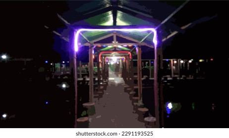 vector, jardín y estanque con atmósfera nocturna iluminada con luces coloridas