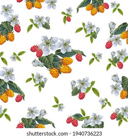 El vector de frambuesa de frambuesa se queda sin fisuras. Diseño de fondo para té, helados, cosméticos naturales, dulces y pasteles rellenos de bayas, productos de higiene. Mejor para textiles, papel de envoltura.