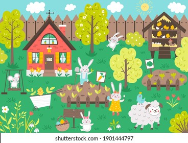 Vector garden scene with cute animals. Spring scenery with funny bunny, cottage, sheep, mouse, chicks gardening. Cute Easter illustration with rabbit family house, fence and flowers. 
