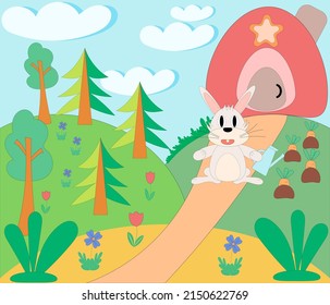 Vektorgartenszene mit süßem Kaninchen. Vor dem Hintergrund eines Hauses, Garten und Wald. Auch Elemente von Blumen und Bäumen. Vektorflache Cartoon-Style-Illustration.