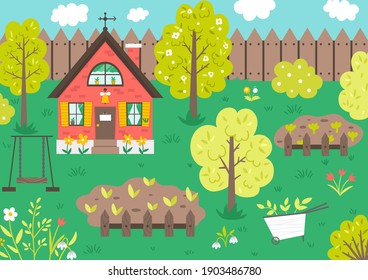 Vector garden scene with trees, country house, vegetable beds, flowers, swing. Spring gardening scenery. Cute cottage illustration. Rural landscape. Farm living concept 
