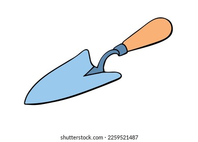 Caza vectorial de jardín. Pequeña pala para las obras de tierra. Herramienta para excavar y trasplantar plantas. Equipamiento de jardinería. Ilustración aislada dibujada a mano en estilo plano doodle