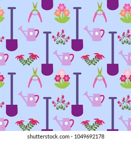 Vector Garden Seamless Pattern with Gardening tools background. 