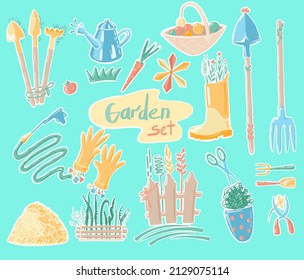 Vector garden set: tools for plants (shovels, rakes, pitchforks), gardening gloves, watering can, fruit basket, hay, water hose, scissors, fence with plants, basket with onions, yellow rubber boot. 