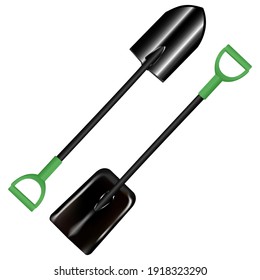 Vector garden shovel. Spade design illustration set. Farn agriculture equipment drawing. Archaelogy shovel with handle, black accessories. Metallic digger sketch, manual hand dig