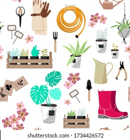 Vector garden sketch element.Hand drawn flowers seamless pattern ,garden tool,boarding equipment background.Spring Gardening ,planting symbols,seedling