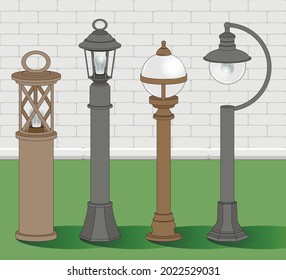 Luces de calle de vectores en el césped. Cuatro lámparas de jardín diferentes.