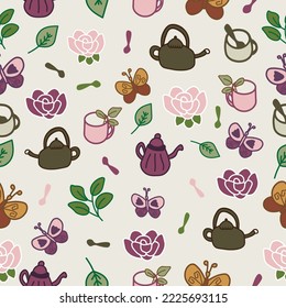 Vector garden tea party beige seamless background. Perfect for fabric, wallpaper, and scrapbooking projects