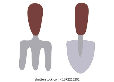 Las herramientas de mano ponen el mango de madera trowel de palas de hierro forjado en estilo plano caricaturizado, ilustración vectorial aislada en fondo blanco. Equipamiento para el cuidado de las flores. Los jardines implementan símbolos.
