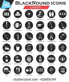 Vector Garden tools circle white black icon set. Ultra modern icon design for web. 