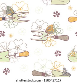 Vector Garden Tools with Florals on White seamless pattern background.